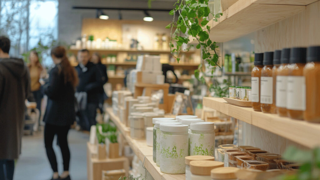 How to rent a space for a pop-up shop with people shopping and browsing natural products on display