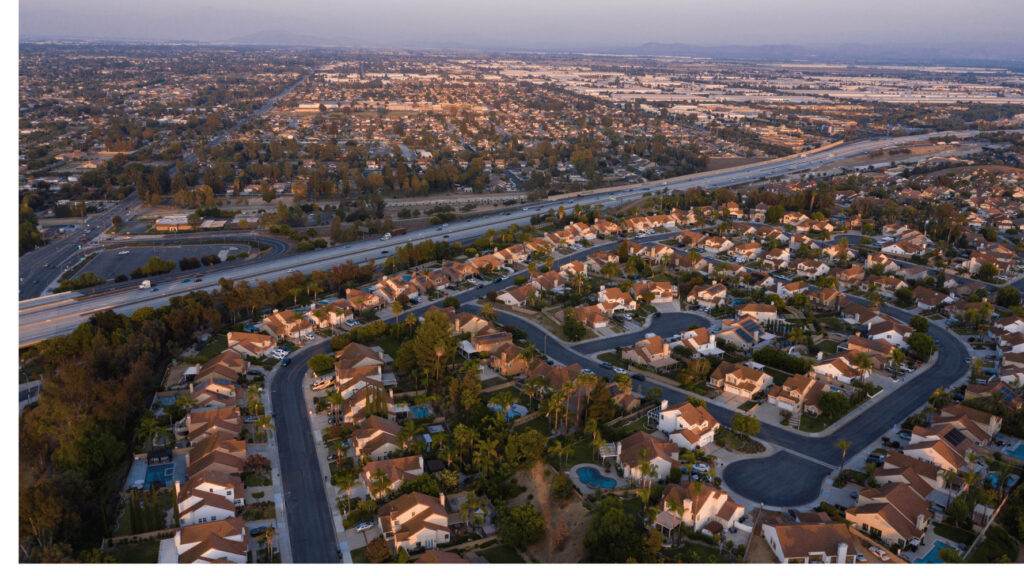 aerial view of residential neighborhood at sunset in Chino Hills, CA